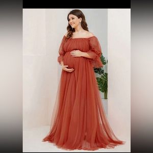 EVER-PRETTY Maternity Off Shoulder Flounce Sleeve Mesh Dress